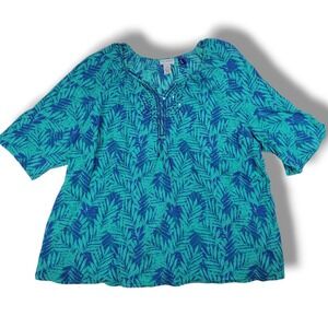 Catherines Short‎ Sleeve Top Womens 3X Petite Tropical Blue Green Artsy Boho